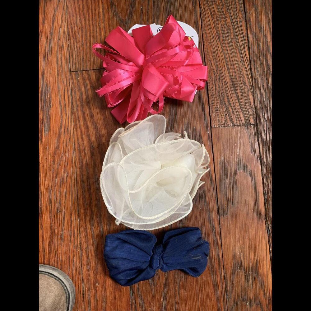 RIVIERA GIRL'S Hair Barrette Clips Lot 3 Pink Silky Blue Ivory Fabric Bows